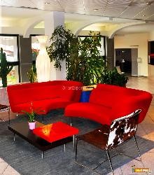 Hotel lobby with red sofas