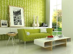 Maching Green Wall Paper with Sofa.