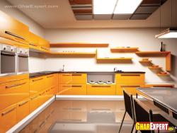 Yellow cabinets with shelves and dining table in kitchen 