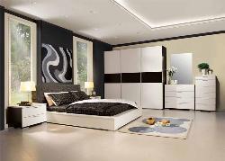  Bedroom with and beautiful wall decoration and furnishing use of glass windows for outlook