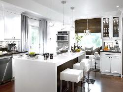 Modular kitchen design with beautiful curtain designing and lighting