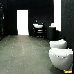 Unusual dark style bathroom with black walls