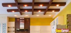 wooden plank ceiling with lighting for kitchen