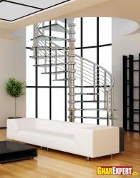 Spiral staircase with steel railing and glass treads for living room