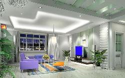 Spacious Living room Ceiling, Lighting, LCD unit, Windows, Curtains, Furniture and Walls design