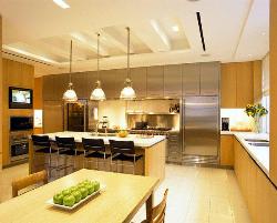 Italian modern kitchen in stainless steel and Wooden finish, Ceiling lighting with POP ceiling design in kitchen