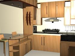 a small kitchen. Breakfast table is the divider between kitchen and drawing room.