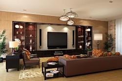 Drawing room living room interiors highlighting LCD unit, Ceiling chandelier, furniture design, Lamp Lighting and wooden flooring Interior Design Photos