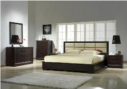 Wenge colored bedroom furniture including wardrobes, and chests Bedroom side tables with lamps. Wooden large windows with wooden flooring Lamp