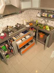 Opened cabinets in modular kitchen Open kitchan in common