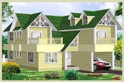 Slanted roof exterior elevation for humid and high rainfall regions. High roof 