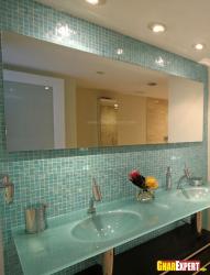 Bathroom tiles in blue color with a large mirror on wall Interior Design Photos