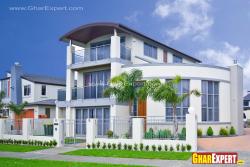 3 storey modern elevation with double height tower  Single storey outer