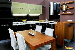 Contemporary kitchen with brown dinning table and chairs Brown