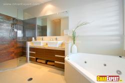 vanity sndwiched in corner shower and corner bath tub Corner ventilation