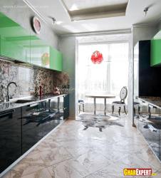 Tiled flooring in balck and green kitchen Interior Design Photos