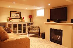 Furnished Living Room in Basement Interior Design Photos