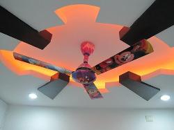 POP and Wooden ceiling design with LED lights and ceiling fan Interior Design Photos