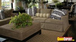 Upholstered sofa and jute top center table for living room  Interior Design Photos