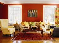 Bright Red Coloured Carpetted Living Room Interior Design Photos