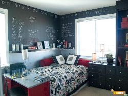 Funky bedroom with chalk board walls Side board