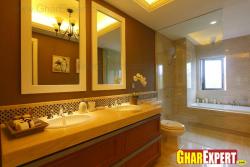 bathroom having two mirrors and sparete area for bath tub   of door having 3 compartment