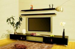 LCD unit with 2 shelves over the LCD with black finished wood  wall decor lcd