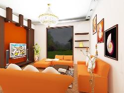 Drawing Room Design Orange theme and wooden ceiling Interior Design Photos