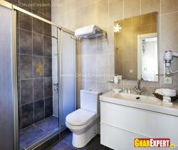 rectangular shower enclosure with large vanity in bathroom Gula