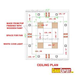 Square concept on a multi level ceiling with wooden paint on ceiling for 16 feet by 15 feet drawing room 12 feet by 60 feet