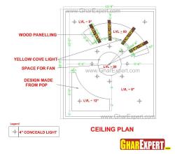 Wooden paneling on a Ceiling design for 15 feet by 18 feet room with round theme cove lights Interior Design Photos