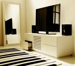 entertainment unit in white enhaanced with rug on the floor Chess rug