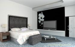 Bed Room concept showing headboard for a bed and a LCD unit Show room intirior