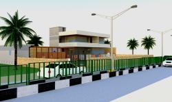 Exterior Look shown in 3D with a road and divider Ladies shoes show rooms design