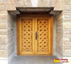 Crafted five to six feet wide wooden door for entrance 18 feet wide by 35 feet length west face