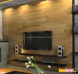 wall mounted LCD and shelves for speakers Interior Design Photos