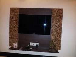 LED TV Wall Mount panel with beautiful laminate on both sides of the TV cabinet Sliding wardrob laminate design