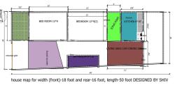 HOUSE MAP FOR WIDTH 18 FEET (FRONT) 16 FEET REAR, LENGTH 50 FEET DESIGNED BY SHIV 780 sq feet constructed area