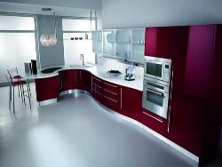 Modular kitchen design with red color combo. Interior Design Photos