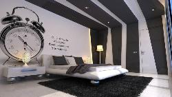 Modern Black & White bedroom, Ceiling and Wall decor Interior Design Photos