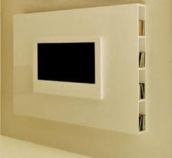tv unit modern design with concealed book shelves done with white laminates Interior Design Photos