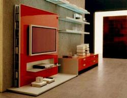 red glossy laminates on tv wall unit with book shelves Sliding wardrob laminate design