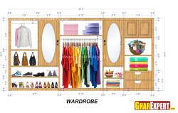 20 ft wardrobe interior detailing with 2 drawers, 2 looking mirror, shoe rack, hanger rod for hanging clothes Plinth details