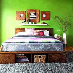Platform bed design with a background green paint Led background designs