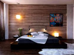 platform bed  and back wall wooden texture Interior Design Photos