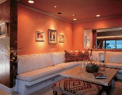 Drawing Room Design Orange Theme And Wooden Ceiling Interior Design Photos