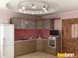 L shaped open kitchen with under counter storage cabinets and overhead storage cabinets Open terrace