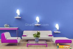Elegant Living with Lights and Purple Color Sofas Interior Design Photos