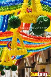 Ganesh Chaturthi decoration with colorful frills and balloons Fornt main loha gatein ganesh and laxmi murti
