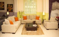Sofa set in the bedroom with simple rug and sectional sofa. Interior Design Photos